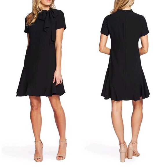 NEW CECE Black BOW NECK TIE Short Sleeve A-LINE Flounce Hem COCKTAIL DRESS 10 - Picture 1 of 9